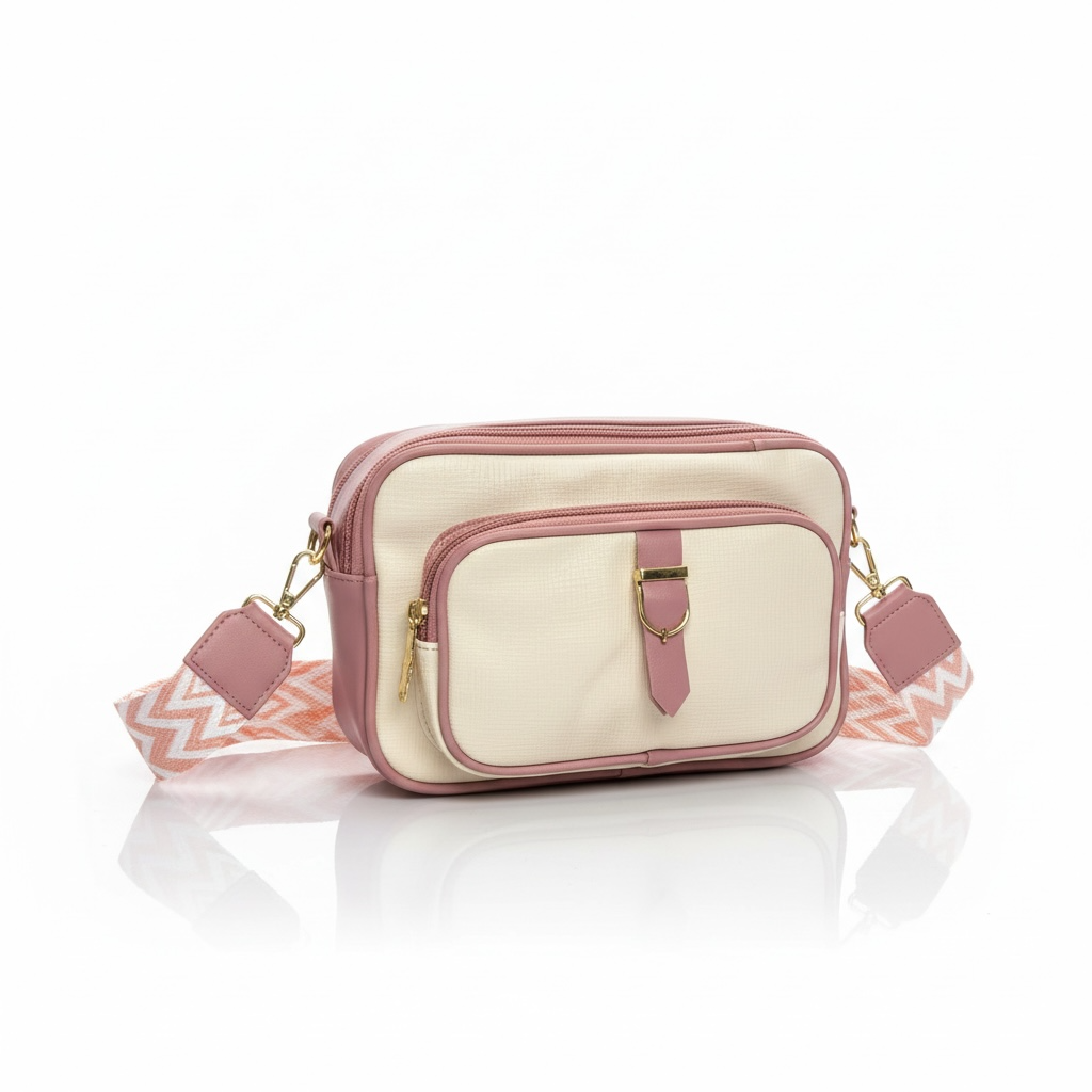CREAM AND PINK FAUX LEATHER CROSSBODY SLING BAG