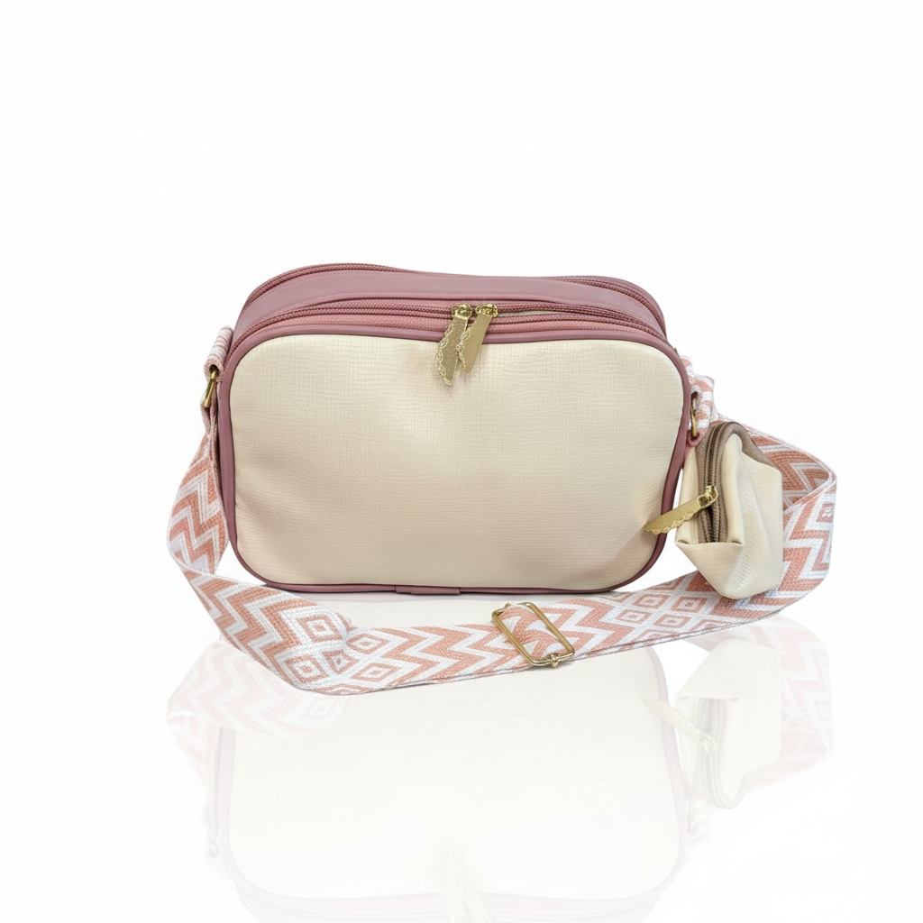 CREAM AND PINK FAUX LEATHER CROSSBODY SLING BAG