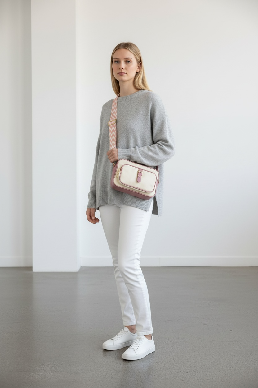 CREAM AND PINK FAUX LEATHER CROSSBODY SLING BAG