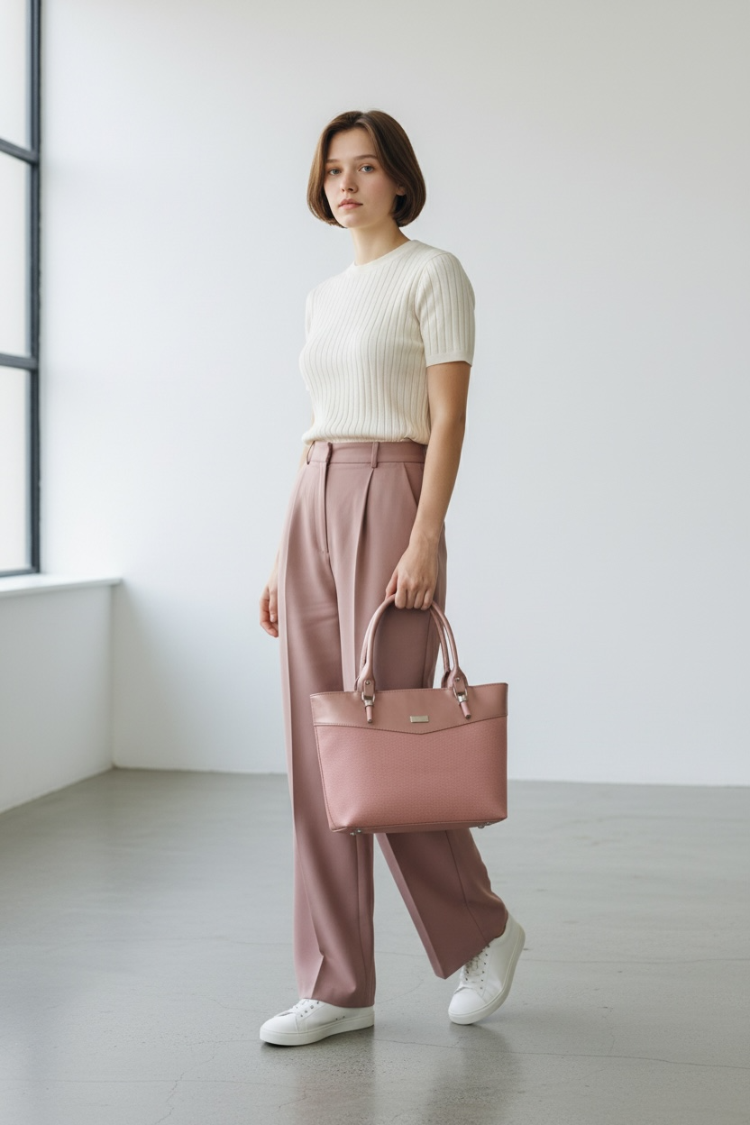 WOMEN PINK PU LEATHER MULTI-COMPARTMENTS HAND BAG