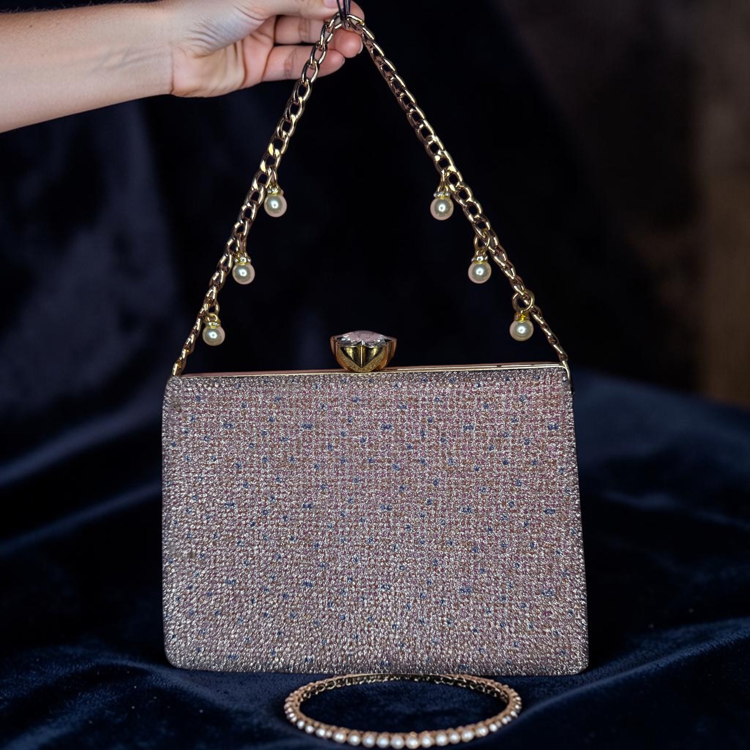 PINK & SILVER STONEWORK CLUTCH