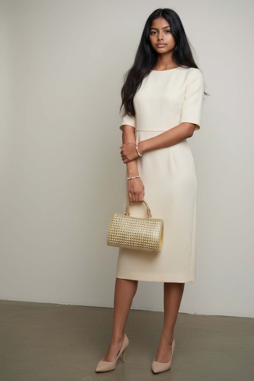 GOLDEN AND WHITE STONEWORK HANDHELD EVENING BAG