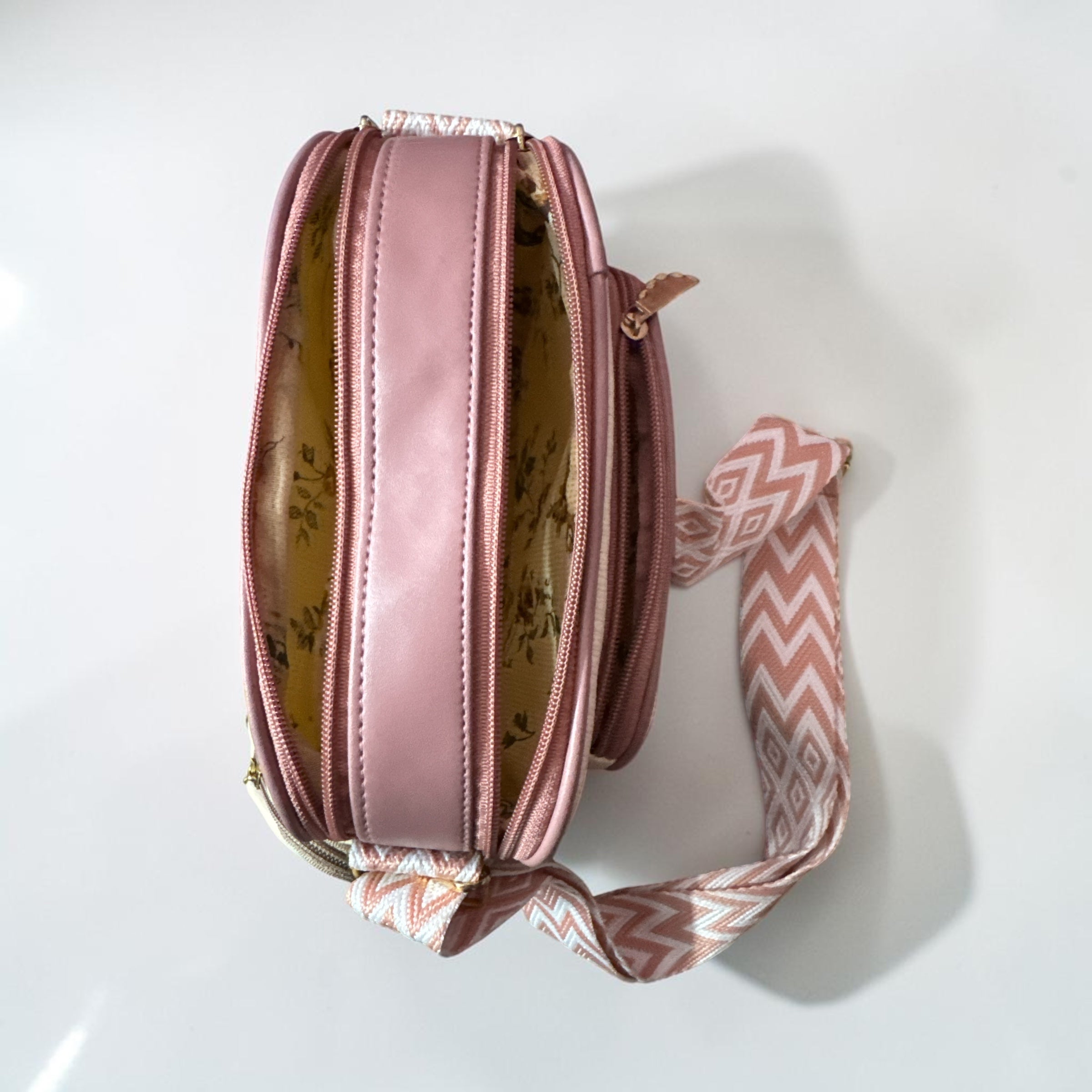 CREAM AND PINK FAUX LEATHER CROSSBODY SLING BAG
