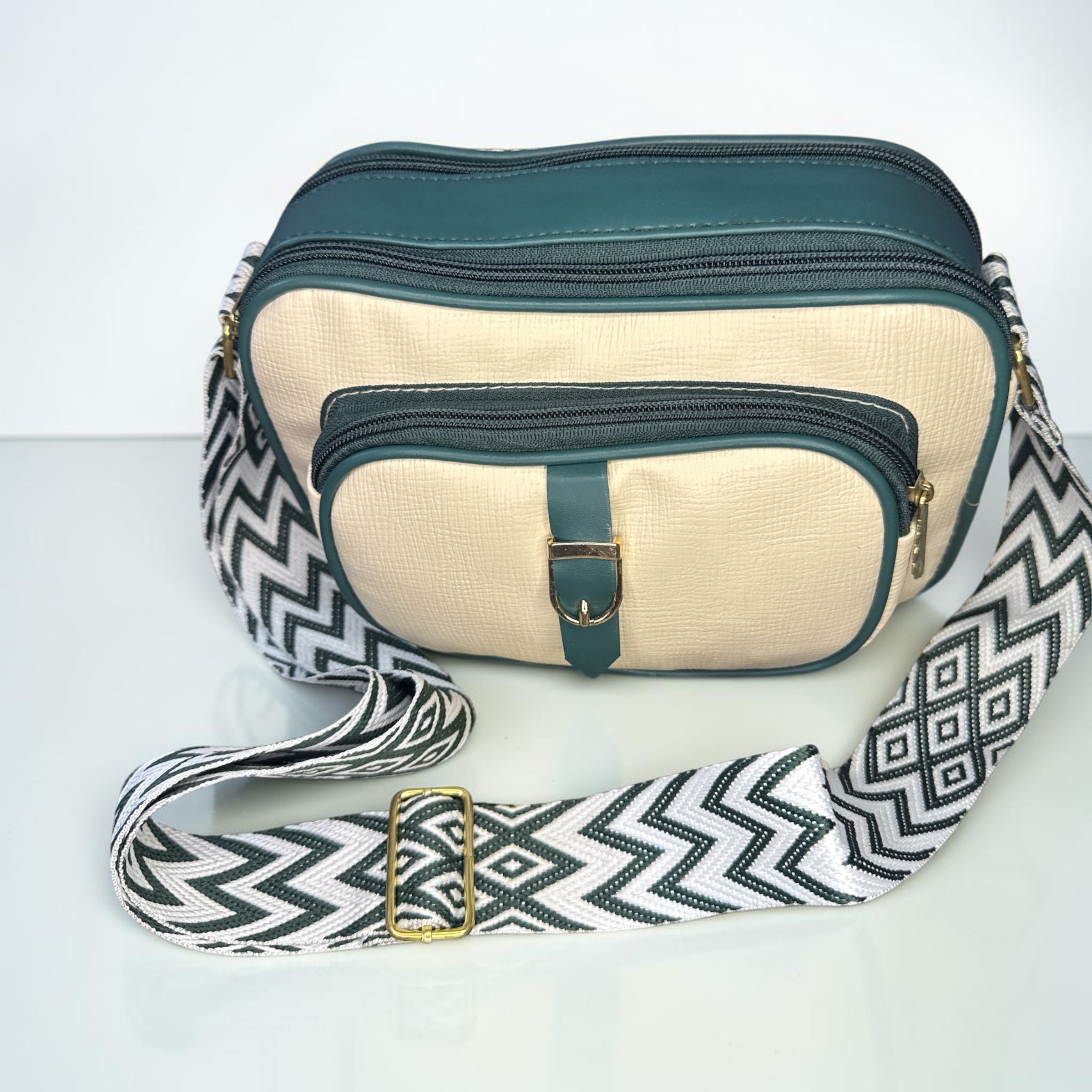 CREAM AND GREEN FAUX LEATHER CROSSBODY SLING BAG