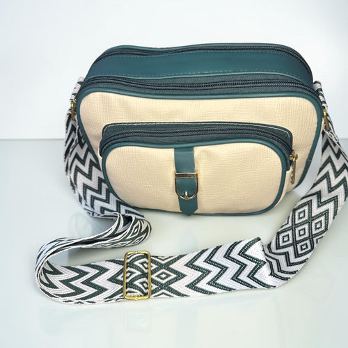 CREAM AND GREEN FAUX LEATHER CROSSBODY SLING BAG