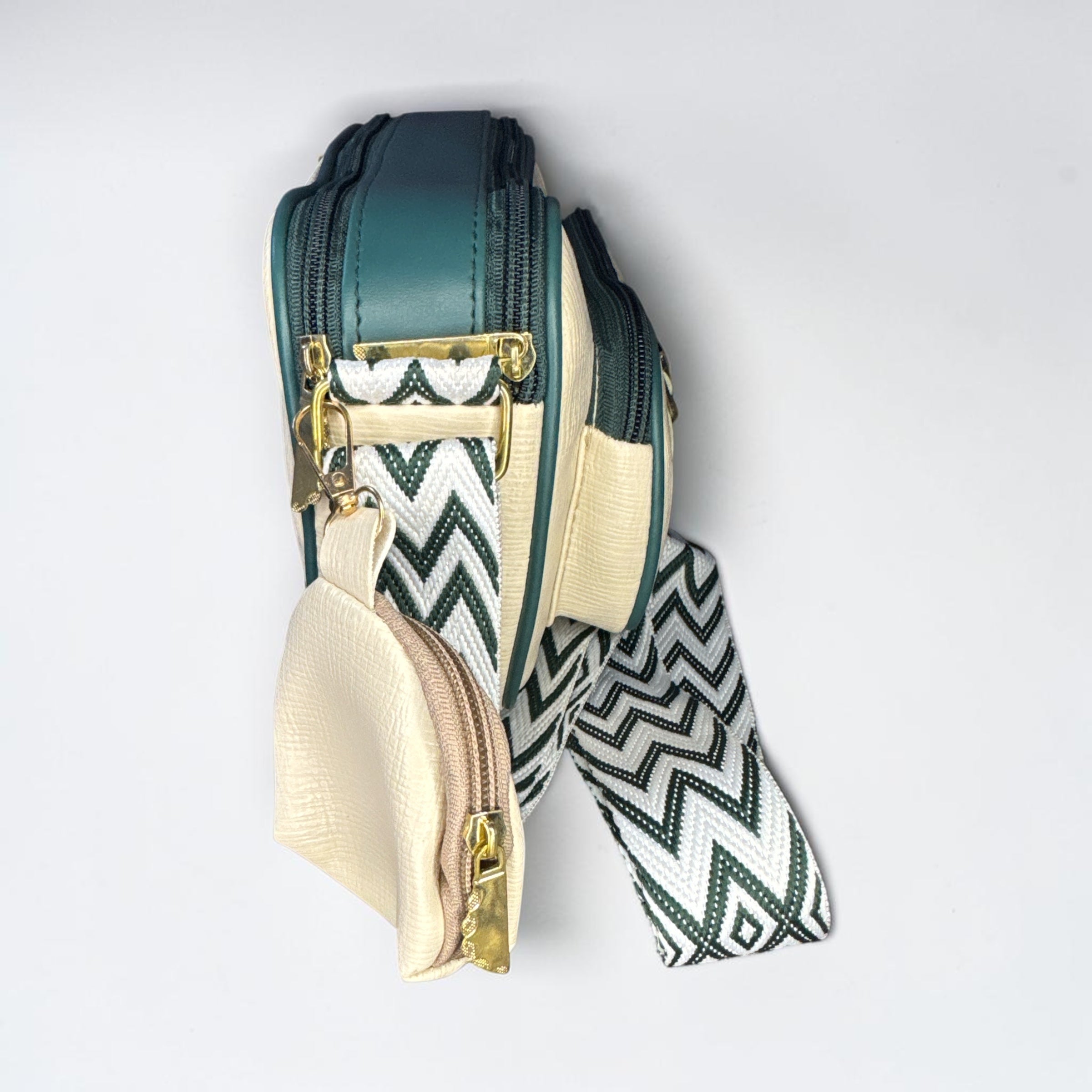 CREAM AND GREEN FAUX LEATHER CROSSBODY SLING BAG