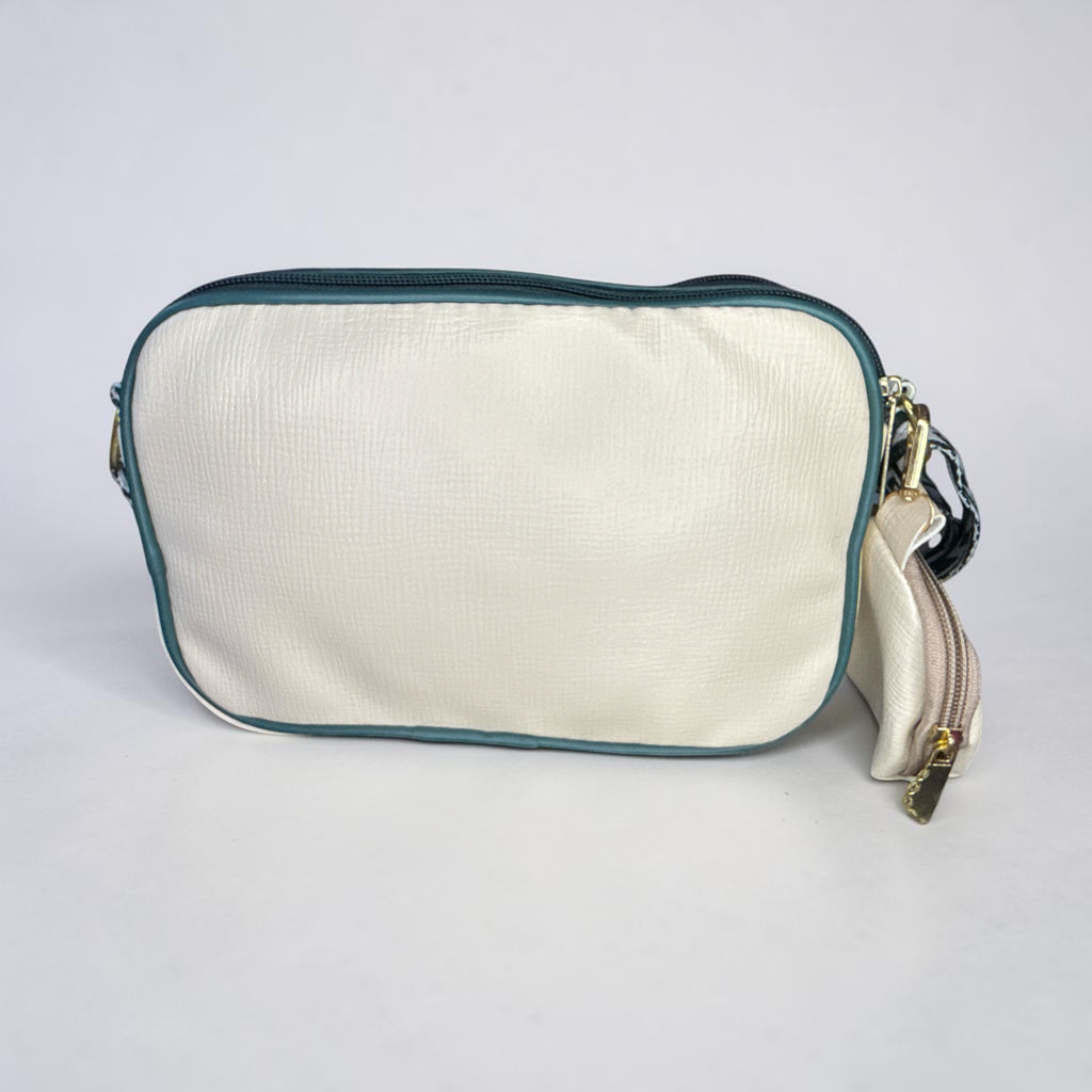 CREAM AND GREEN FAUX LEATHER CROSSBODY SLING BAG