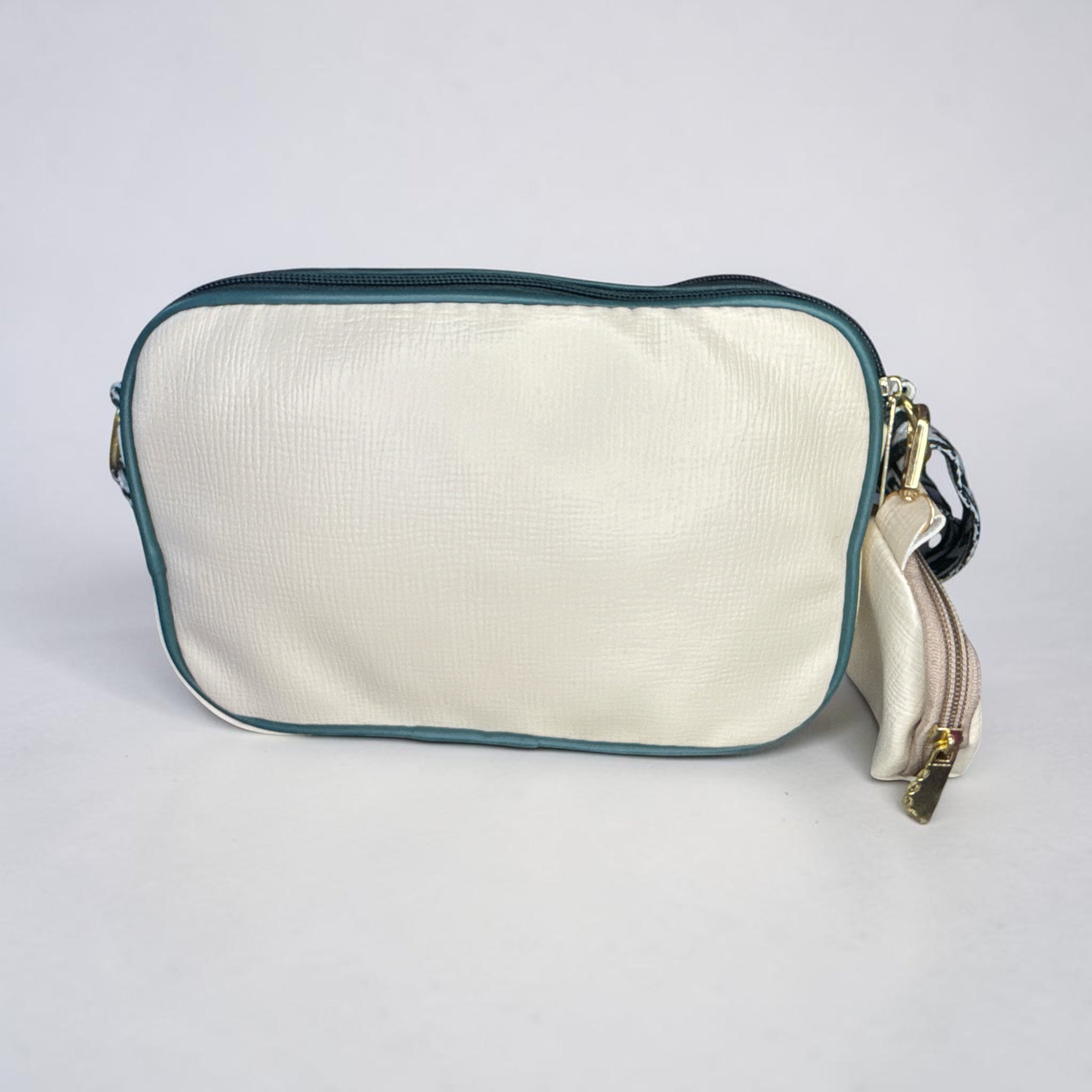 CREAM AND GREEN FAUX LEATHER CROSSBODY SLING BAG