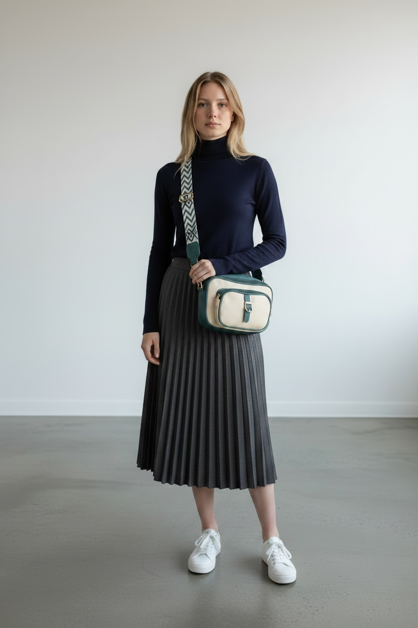 CREAM AND GREEN FAUX LEATHER CROSSBODY SLING BAG
