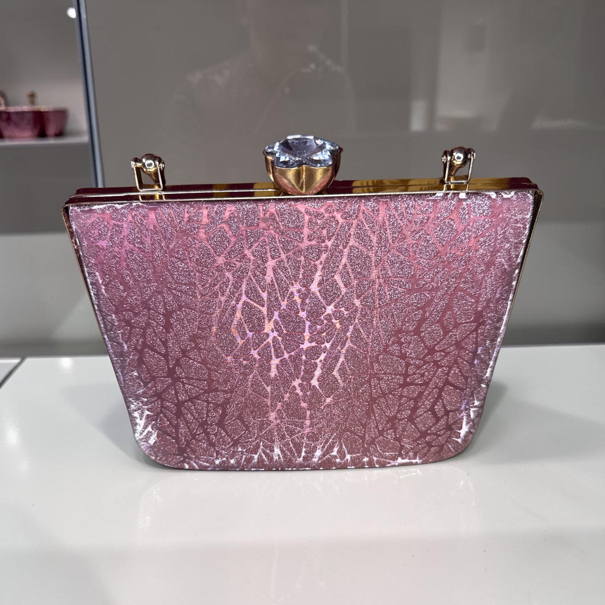 PINK BOX CLUTCH WITH GOLD TOP HANDLE